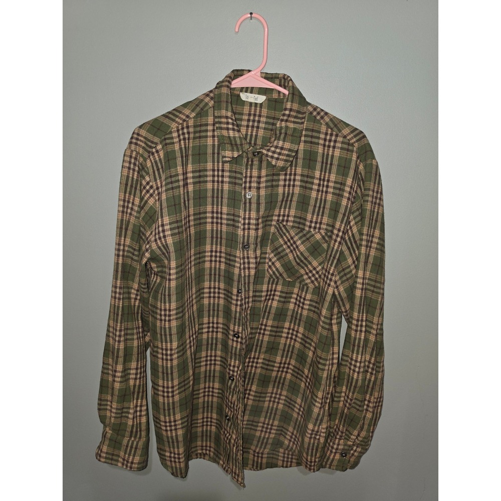 La Miel Mens Large Plaid Flannel Button Down Shirt Green Brown Long Sleeve